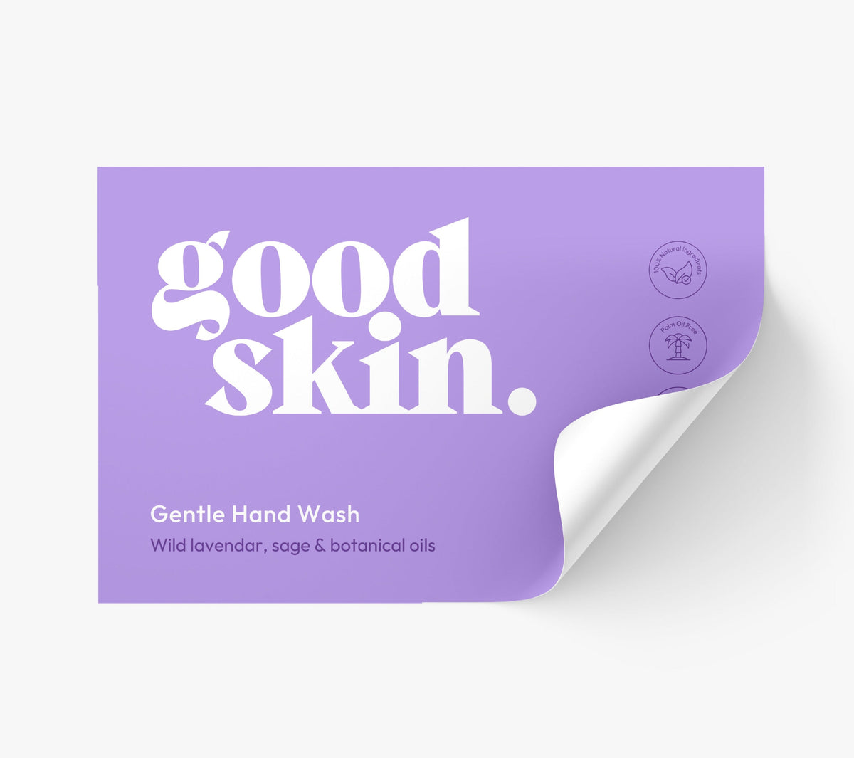 A lavender purple product box or package with the words 'good skin.' in large white lowercase letters, plus smaller text reading 'Gentle Hand Wash' and 'Wild lavender, sage & botanical oils.